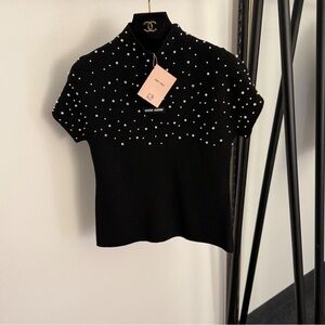 MIU MIU black semi-high-neck short-sleeved knitted top